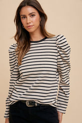 Annie Wear Women's Striped French Terry Puff Sleeve Top - Cozy & Stylish